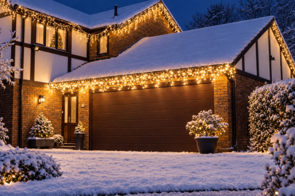 Led ice light warm white house at winter