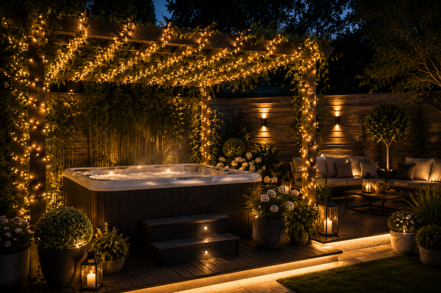 Outdoor cluster warm white hot tub