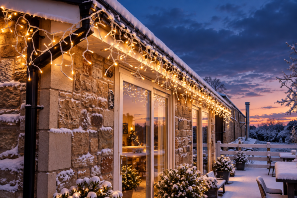 Warm white icicle light stone house