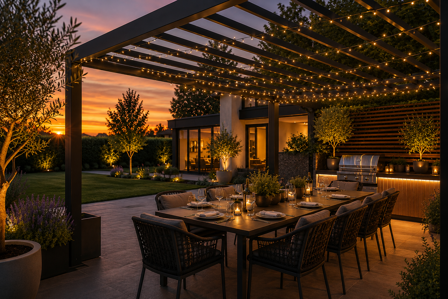 Warm white led string light pergola