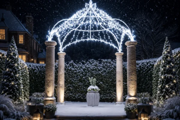 Led string light ice white pergola at winter