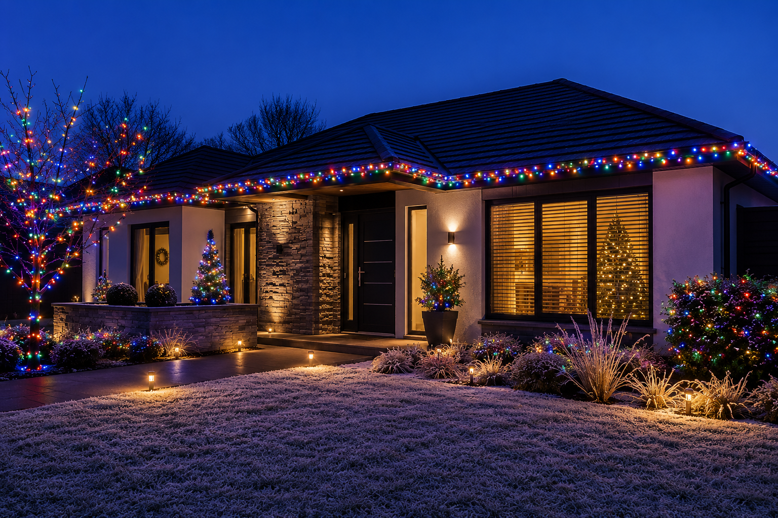 Multi coloured cluster light on modern bungalow at first frost