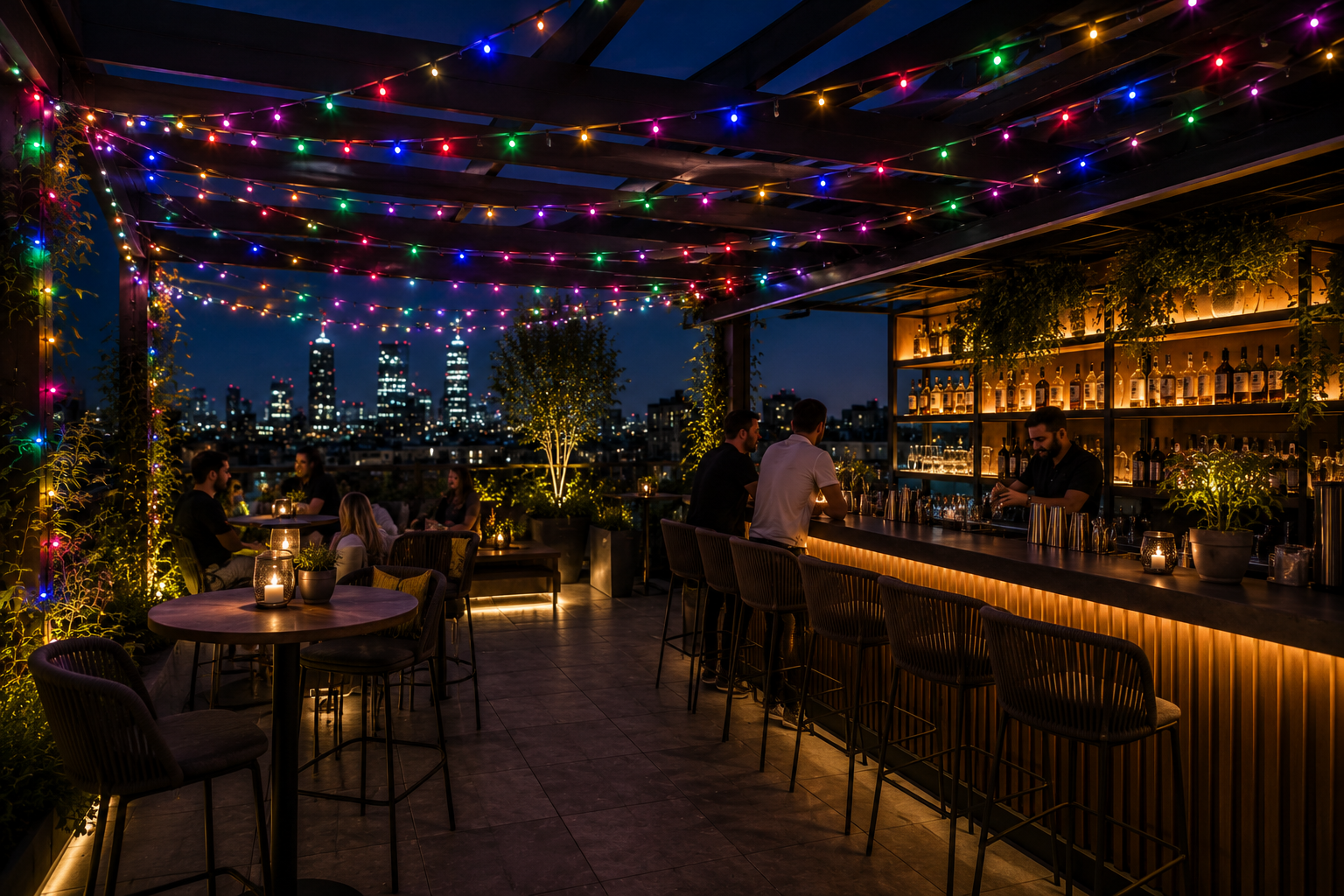 Outdoor multi coloured string light outdoor bar