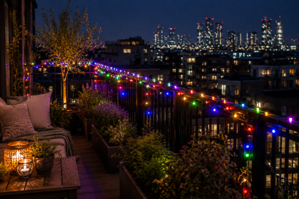 Multi coloured string light balcony
