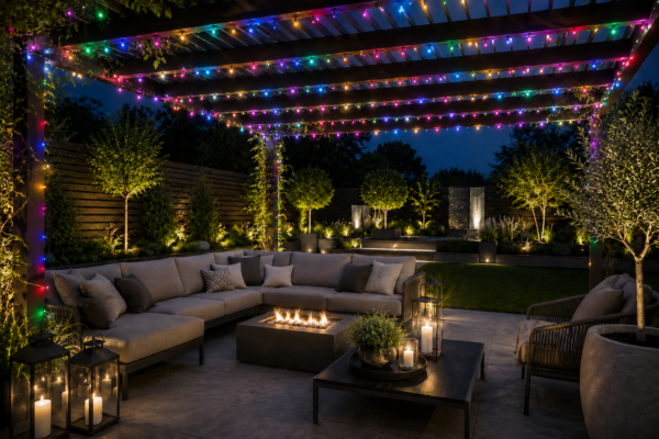 Outdoor multi coloured string light garden pergola