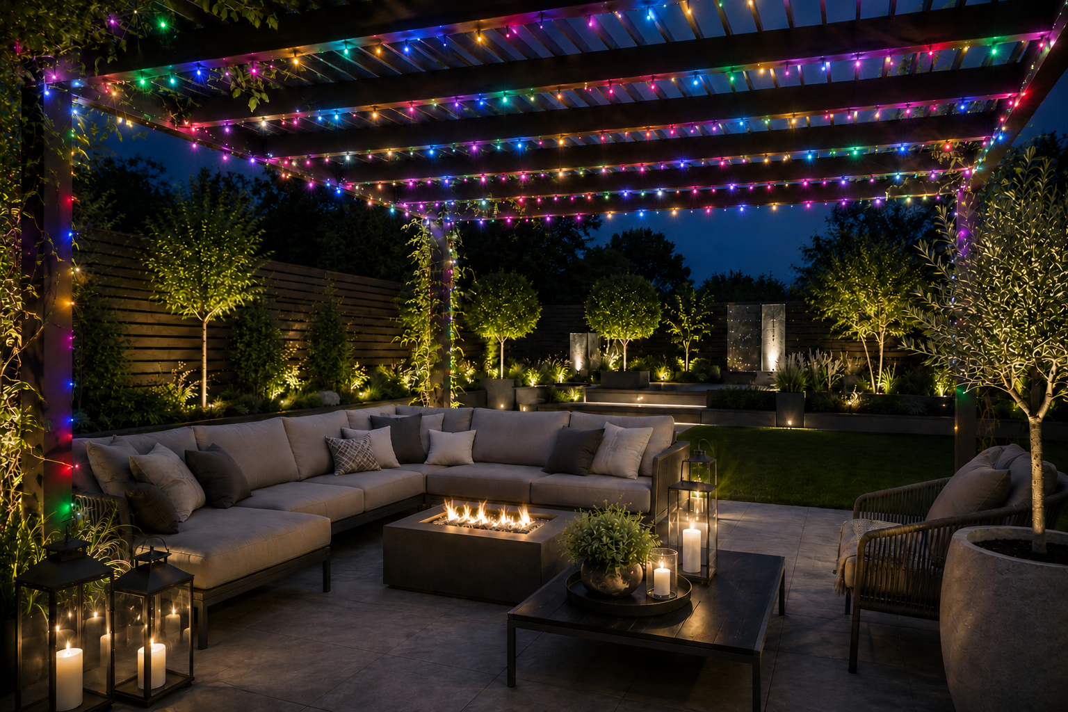 Outdoor multi coloured string light garden pergola