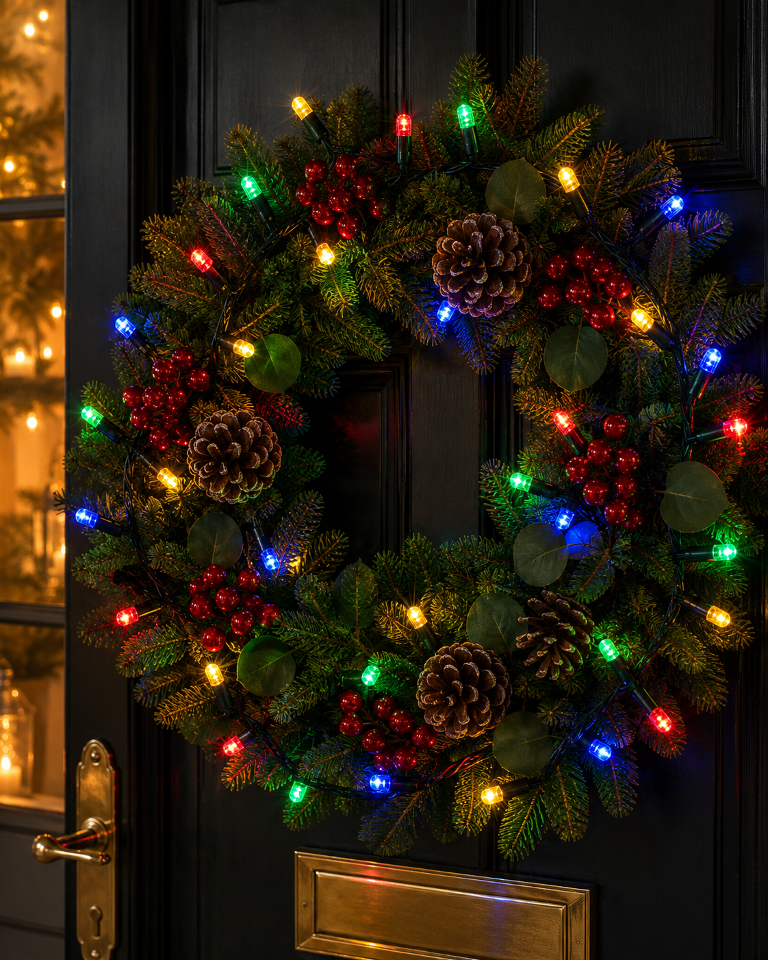 Indoor led string light multi coloured christmas wreath