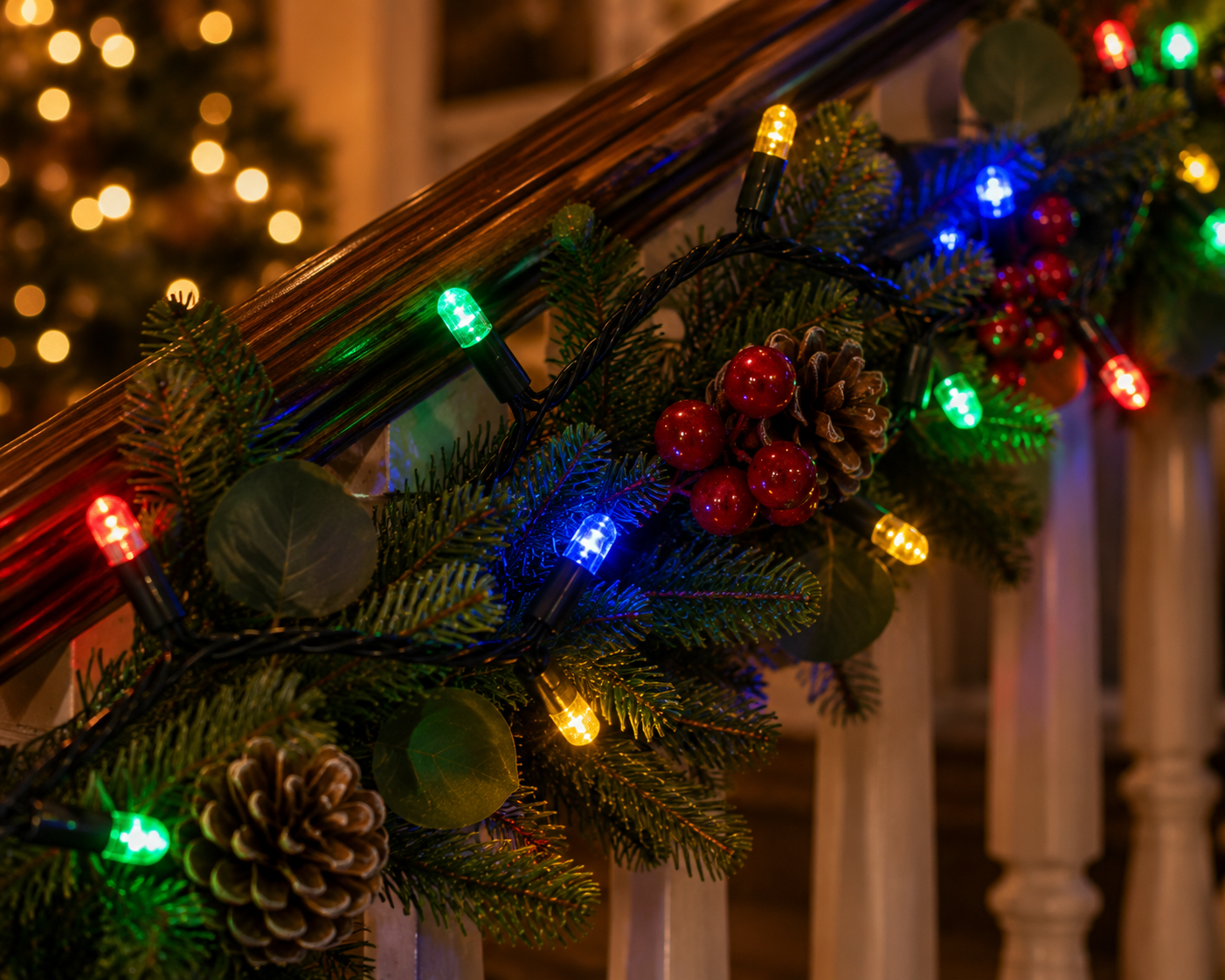 Indoor led string light mutl coloured christmas bannister