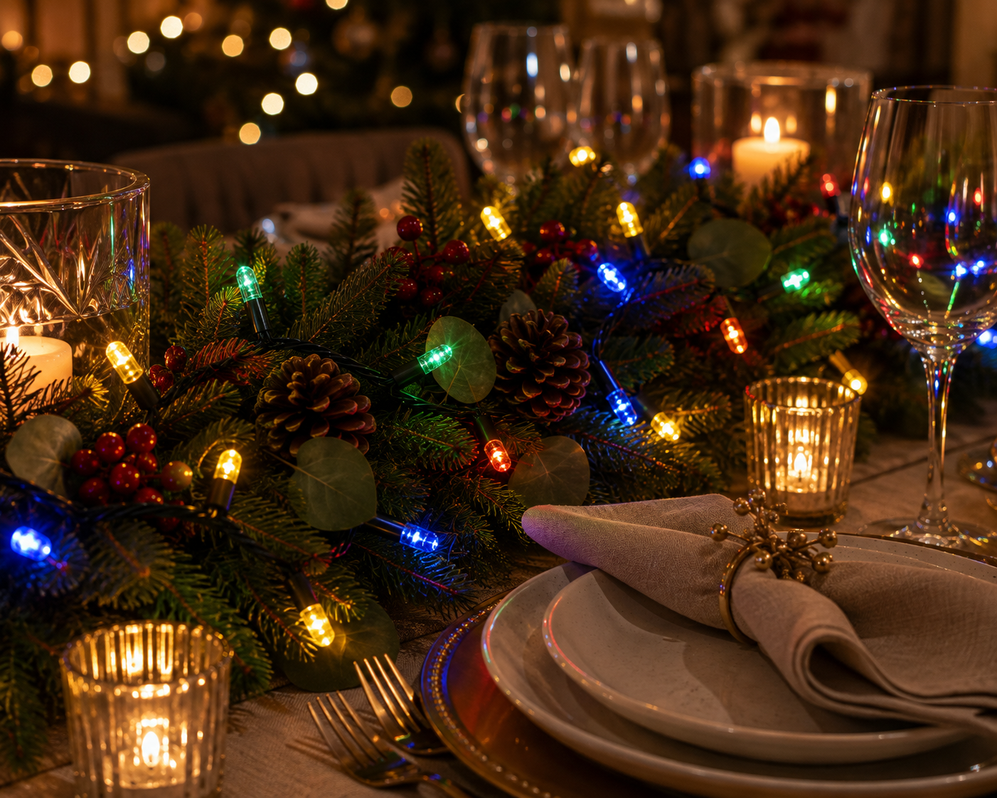 Indoor led string light multi coloured festive table setting