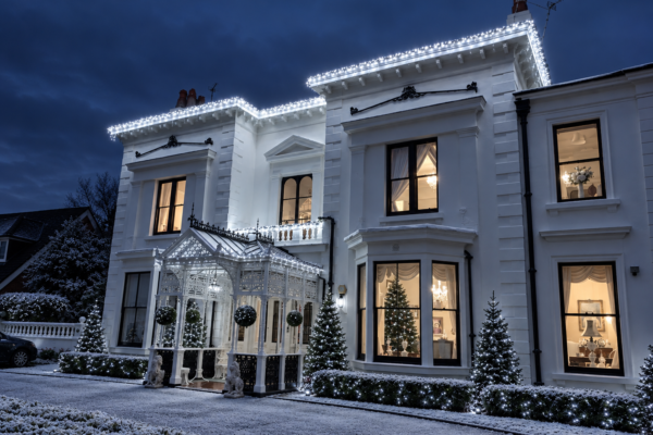 LED cluster light ice white 5m on house at winter