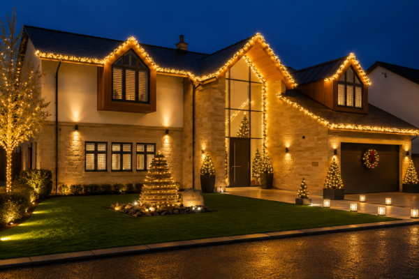 Outdoor led cluster light warm white modern house at christmas